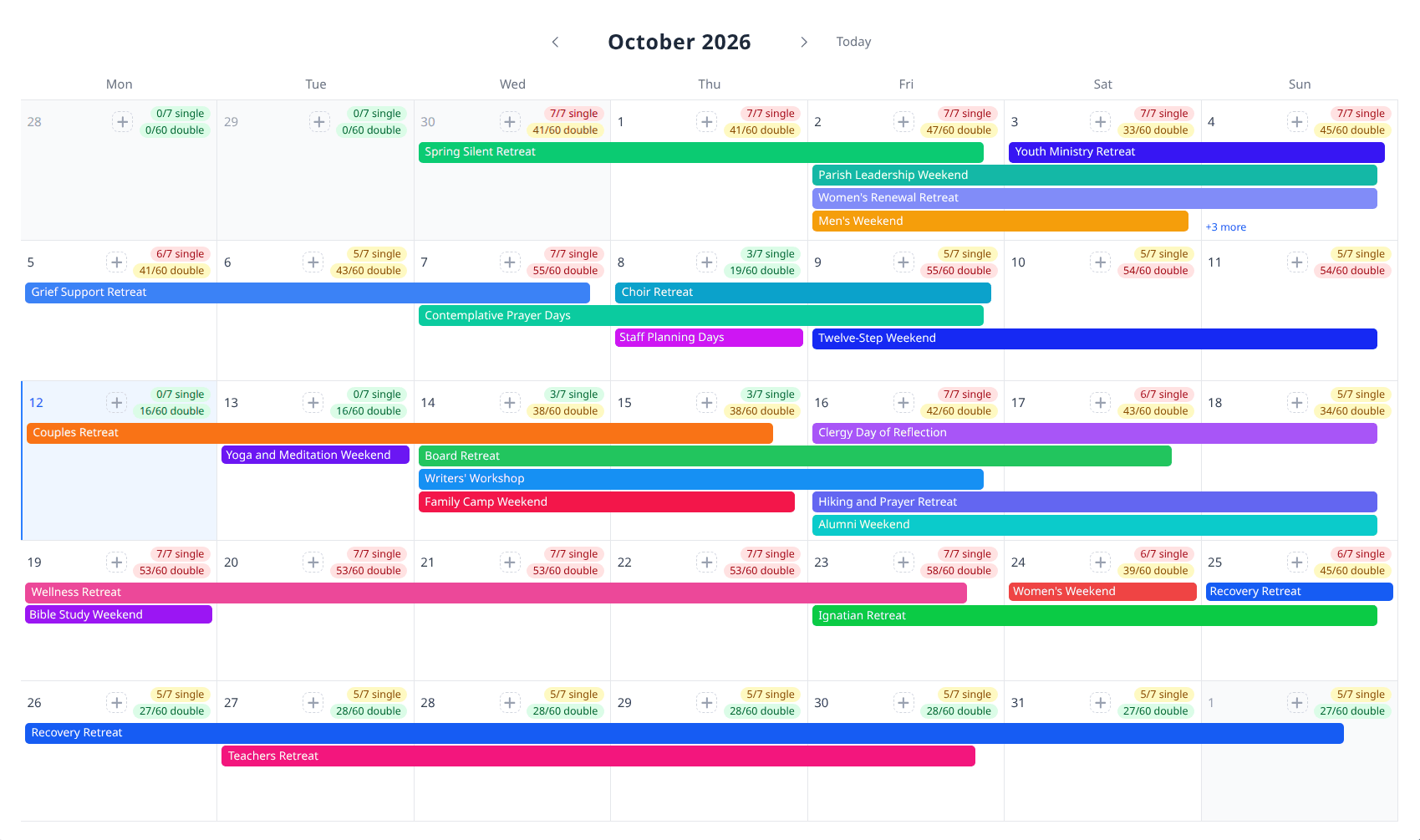 Month calendar showing several overlapping group events color-coded by event, with room counts per day