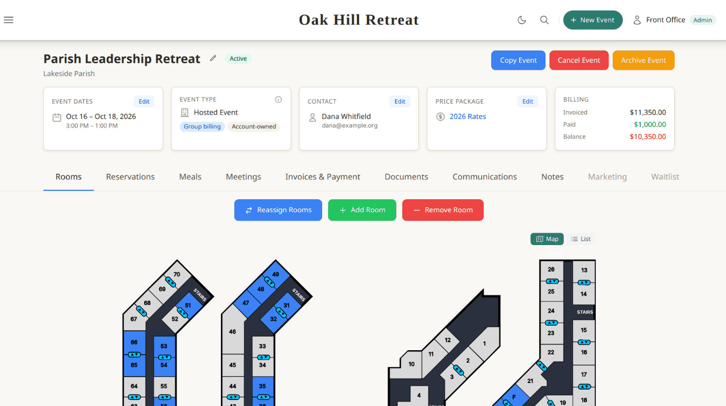 An event page: dates, contact, price package and billing totals above a map of the rooms the group holds