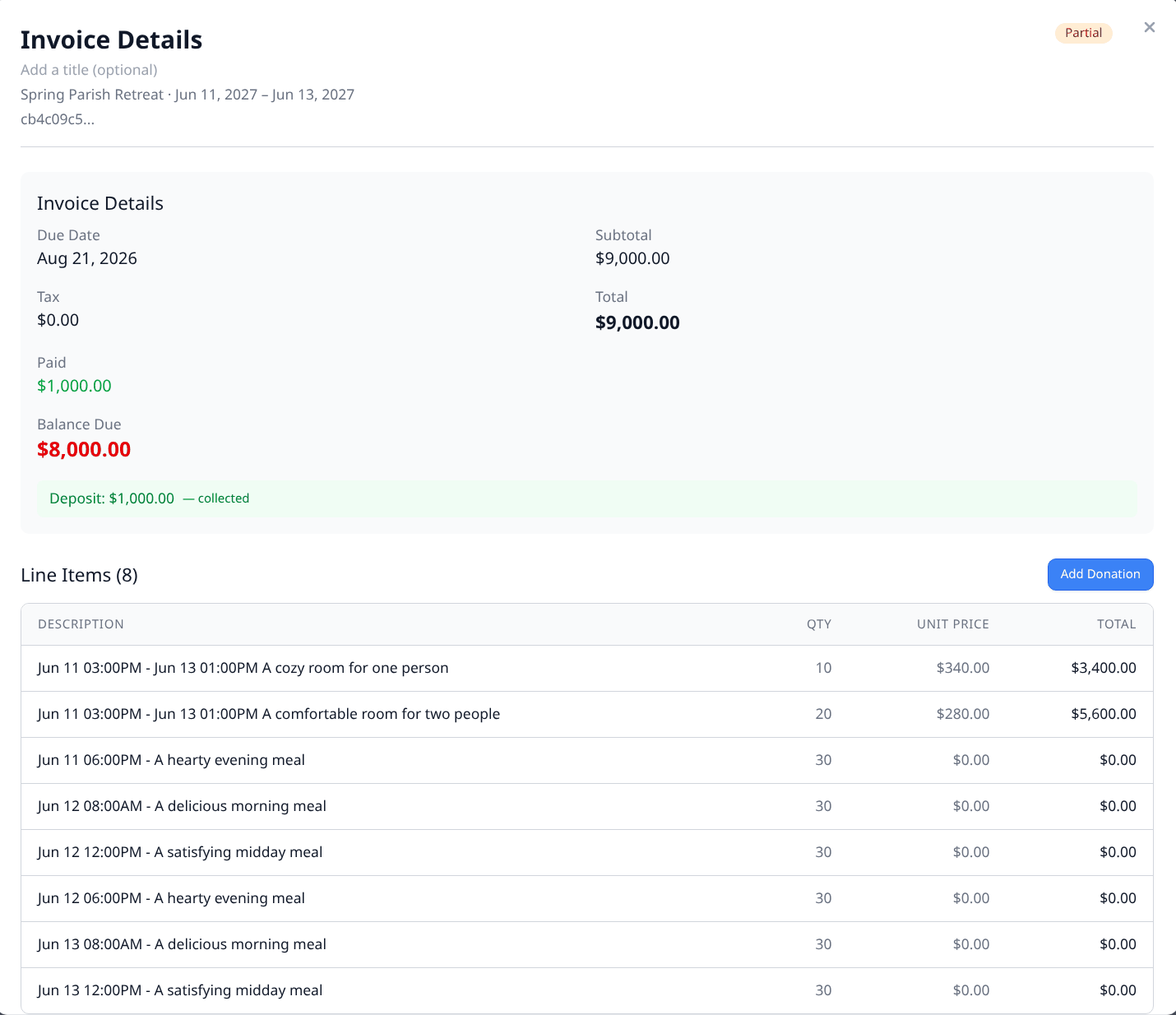 A group invoice listing room lines and included meals, a deposit collected, and the balance due